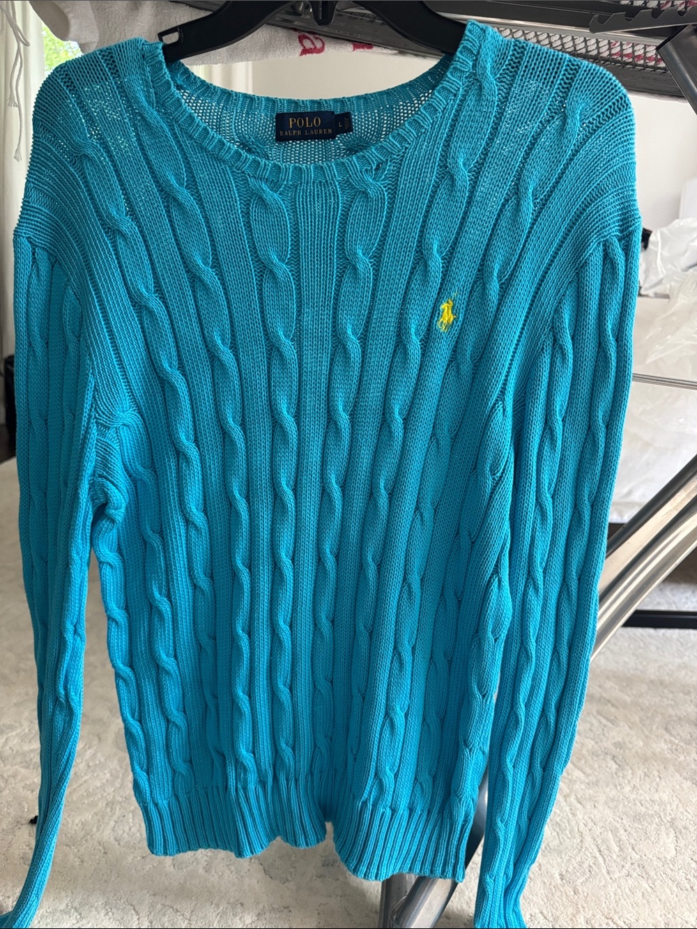 Polo by Ralph Lauren Turquoise Cable Knit Crewneck Sweater with Yellow Pony